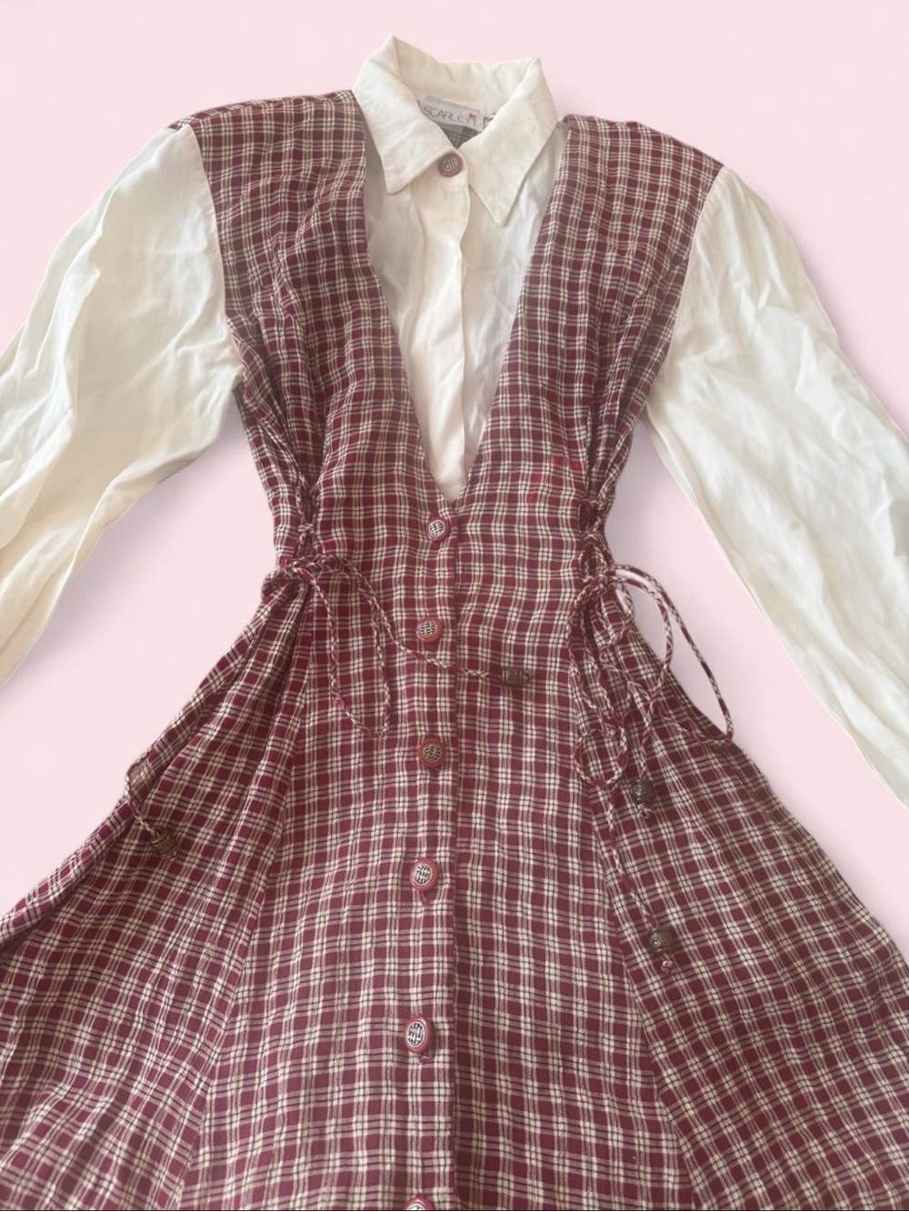 Plaid Burgundy Button-Front Dress with Ties
